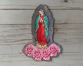 Große Jungfrau von Guadalupe Aufbügeln Applikation - Virgen Mary Gold Sagrada Maria - 10-Zoll-mexikanische Volkskunst Sparkle Transfer für Jacke Altar