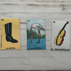 Iron On Sparkly Loteria Patch La Bota, La Garza, El Violoncello Mexican Bingo Patches