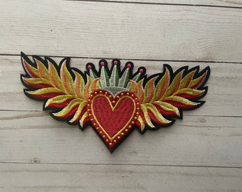 Mexican Sacred Heart Embroidered Patch – Red Milagro Iron-On Applique
