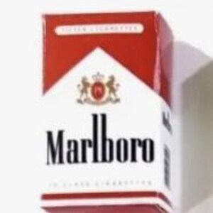May include: A pack of Marlboro cigarettes, featuring a white background with the brand name in bold black letters. The top and sides are red, with the Marlboro logo and text. The pack is rectangular and stands upright.