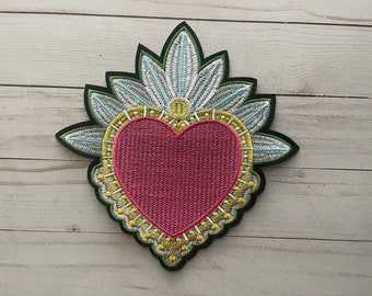 Large Embroidered Mexican Sacred Heart Patch – Red Sagrado Corazón Applique