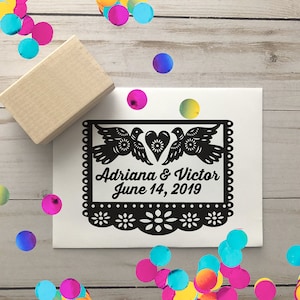 Custom Papel Picado Dove Fiesta Wedding Design Invitation Gracias Thanks Rubber Stamp
