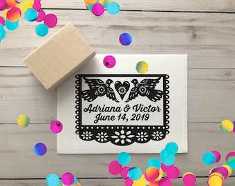 Custom Papel Picado Dove Fiesta Wedding Design Invitation Gracias Thanks Rubber Stamp