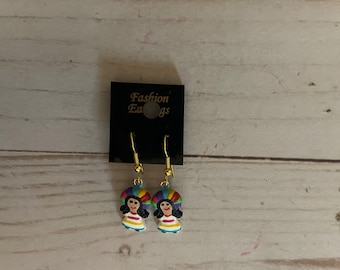 Mexican Items Dolls Mexican Queretana Earrings, Mexican Girls Earrings, Mexico Charms Jewelry, Mexican Jewelry