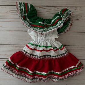 Satin Tricolor Mexican Dress with Elastic Ruffled Shoulders | Traditional Mexican Folkloric Dress for Girls | Folkloric Outfit