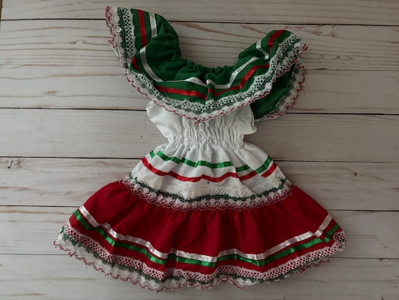 Satin Tricolor Mexican Dress With Elastic Ruffled Shoulders | Traditional  Mexican Folkloric Dress for Girls | Folkloric Outfit - Etsy