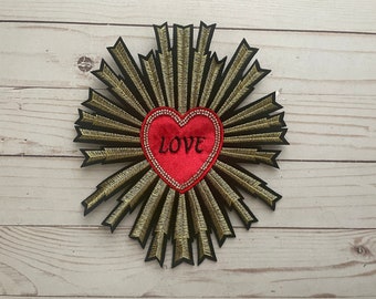 Mexican Sacred Heart Embroidered Patch – Red & Gold Milagro with Love Lettering