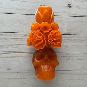 Day of the Dead Marigold Skull Dia de Muertos Altar Veladora Mexican Artisan Candle Vela Orange