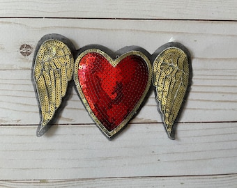 Mexican Sacred Heart Sequin Patch - Red Sagrado Corazón Sew On Applique - Radiant Milagro Heart for Jacket Back and Statement Fashion Decor