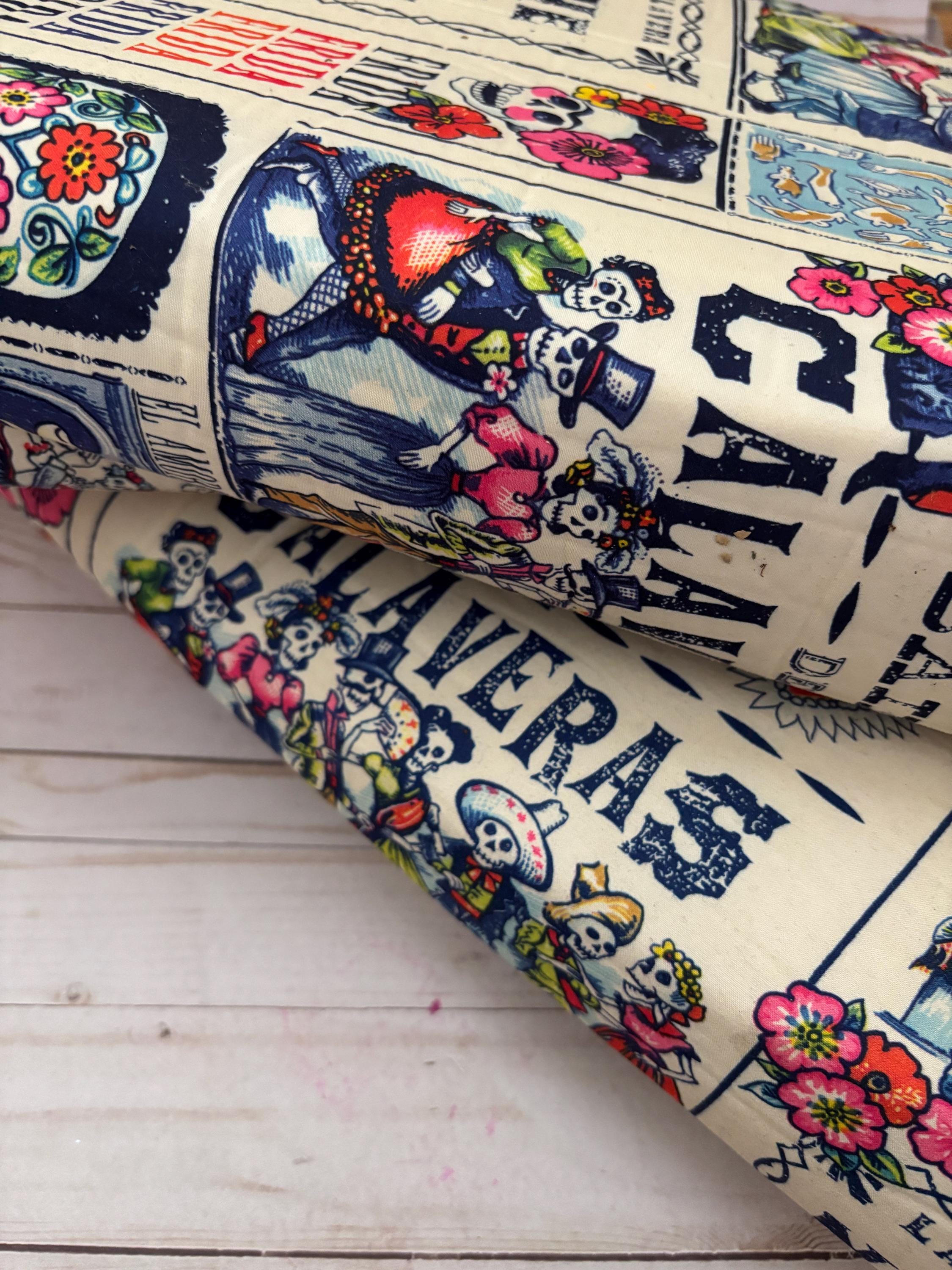 Mexican Colorful Bright Fabric Yard  Day of the Dead Catrina Sugar Skull Halloween with Foam Backing