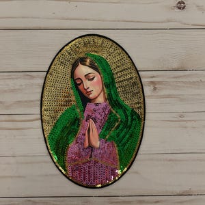 Virgin de Guadalupe Religious Iron On Cross Patch Applique Sew On Mexico Art Sequin