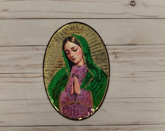 Virgin de Guadalupe Religijny Żelazo Na Naszywce Krzyż Aplikacja Szyta Na Meksyk Art Cekiny