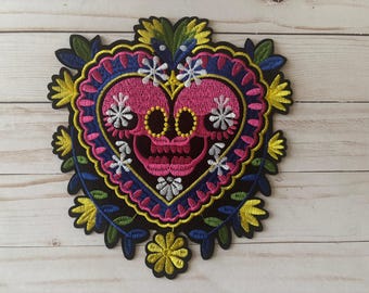 Großer Mexikanischer Heiliges Herz Back Patch - 9 "Rosa & Gold Milagro Gestickte Applikation - Sagrado Corazon Aufbügler für Jeansjacken Westen