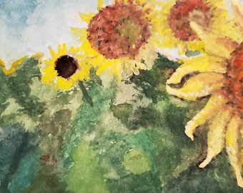 Original Gouache Painting "The Sunflower Field"/ Landscape Art/ Floral Painting/ Sunflower Painting/ Wall Art