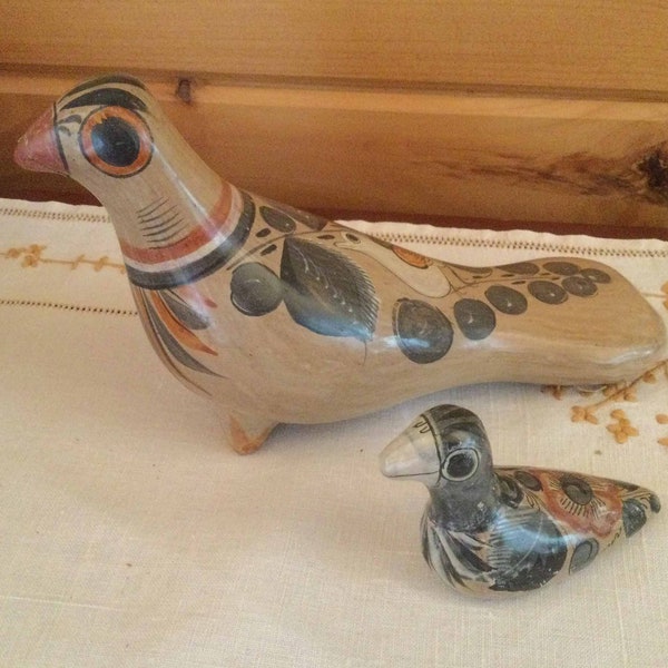 Tonala Mexican Pottery Folk Art Hand Painted 2 Birds Brown & Gray