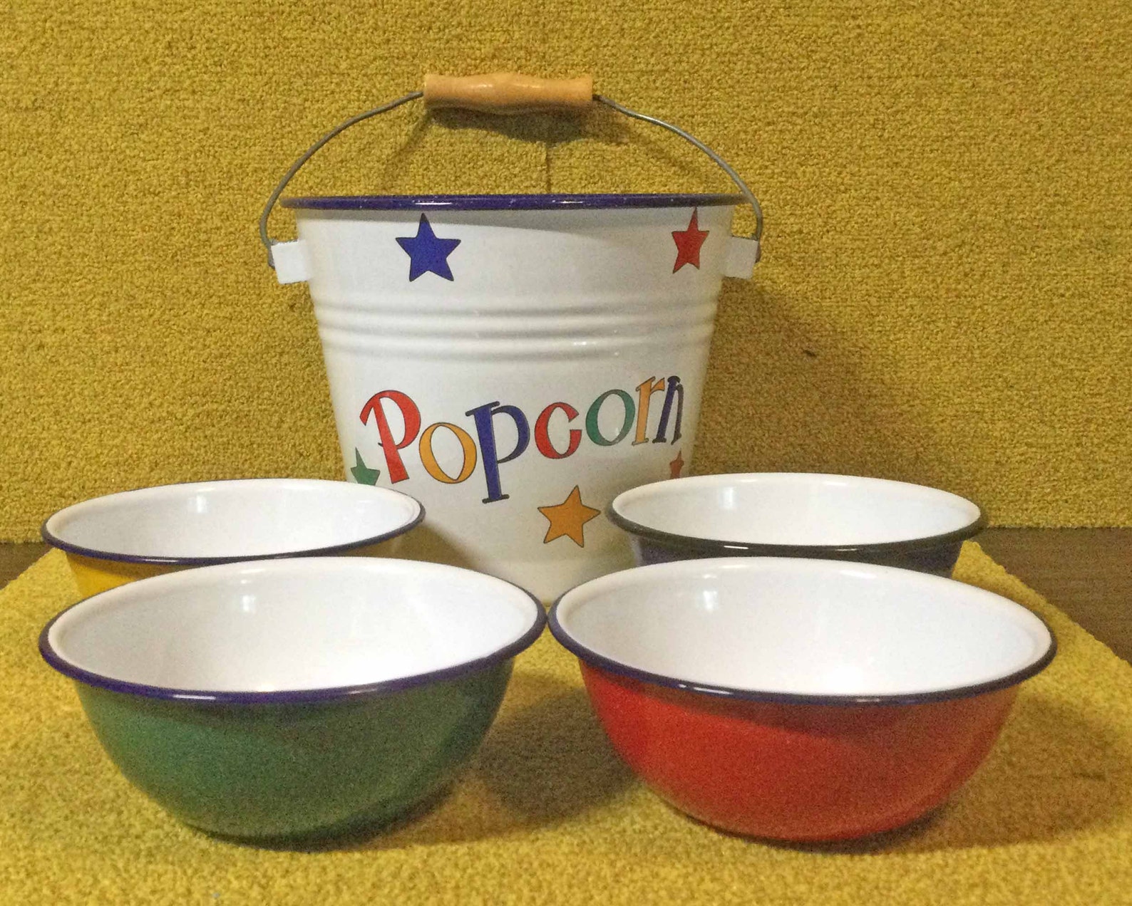 Enamelware Popcorn Bucket & 4 Bowls EUC Etsy