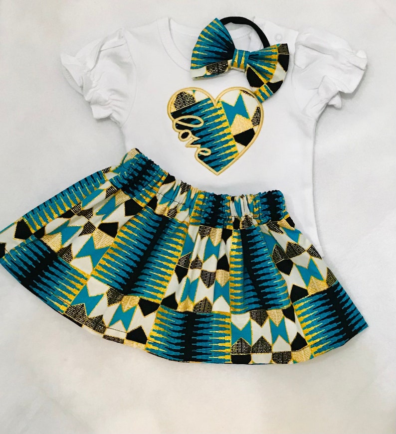 African Metallic Print Love Outfit / Girl Embroidered Outfit / Ankara Outfit / African Print Outfit image 1