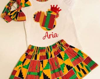 African print embroidered girl outfit/Afro puff girl embroidered outfit/ pink ankara outfit/purple African print outfit/