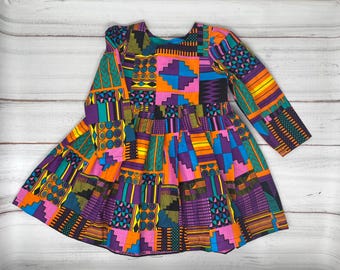 Pink Ankara African Print Girl's Dress: Long Sleeve Kente