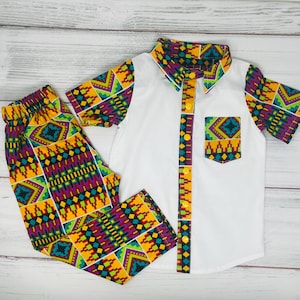 African Print Cotton Shirt and Pants Set for Boys, Kente Ankara Outfit