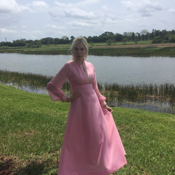70s Bubblegum Pink Empire Waist Maxi Dress.