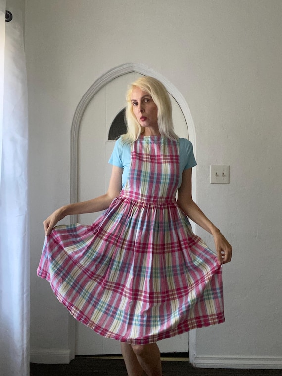 blue and pink plaid dress SLEEVELESS MIDI WITH RUFFLES - BLUE PINK PLAID