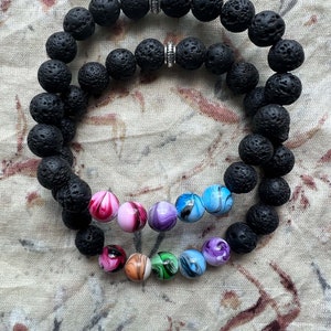 LGBTQ Pride Beaded Bracelet set w/ Lava Beads (7 inch/Small Wrist)