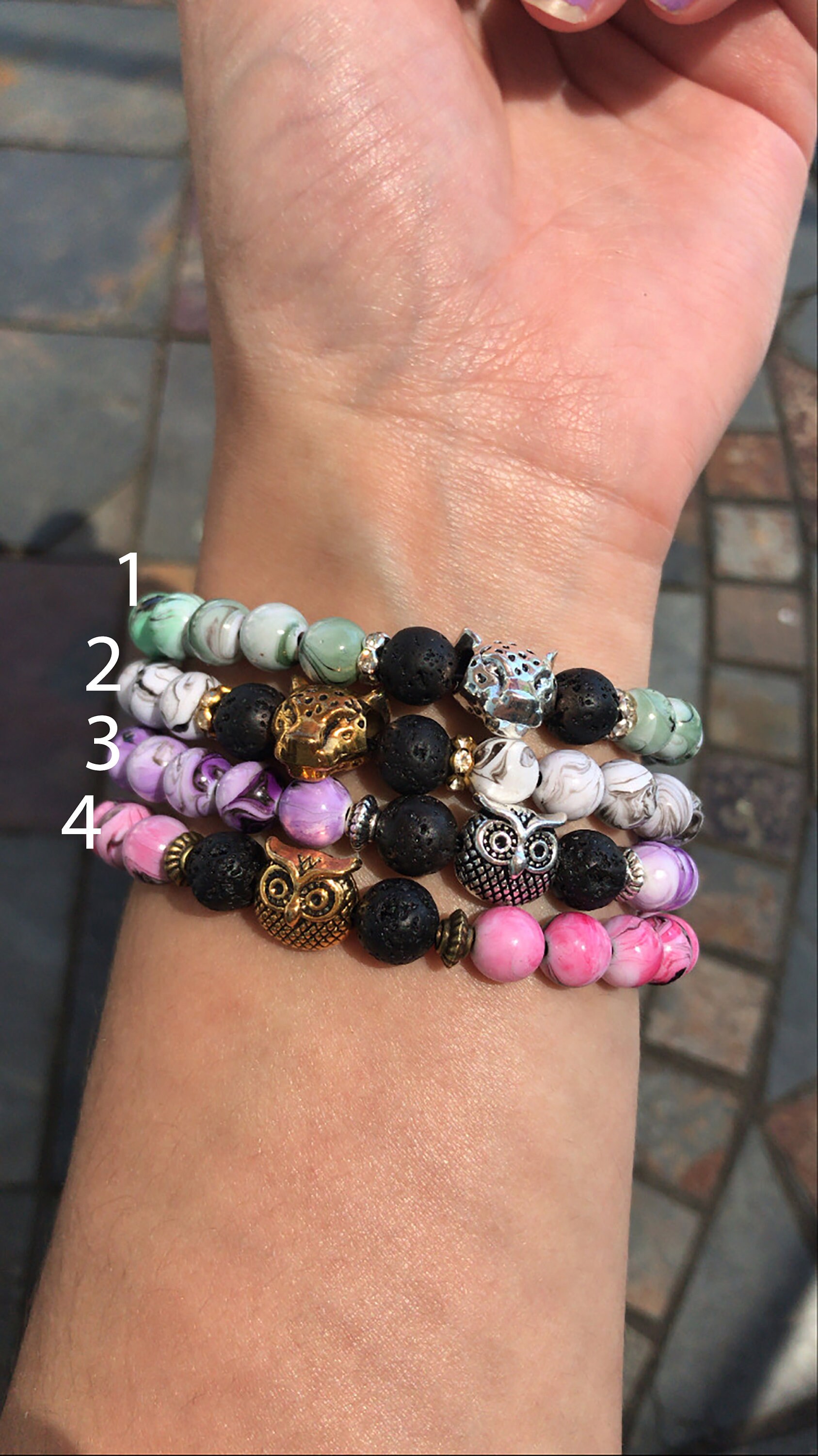 Owl and Leopard Stretch Bracelets w/ Acrylic and Lava Beads (7 inch/Small Wrist)