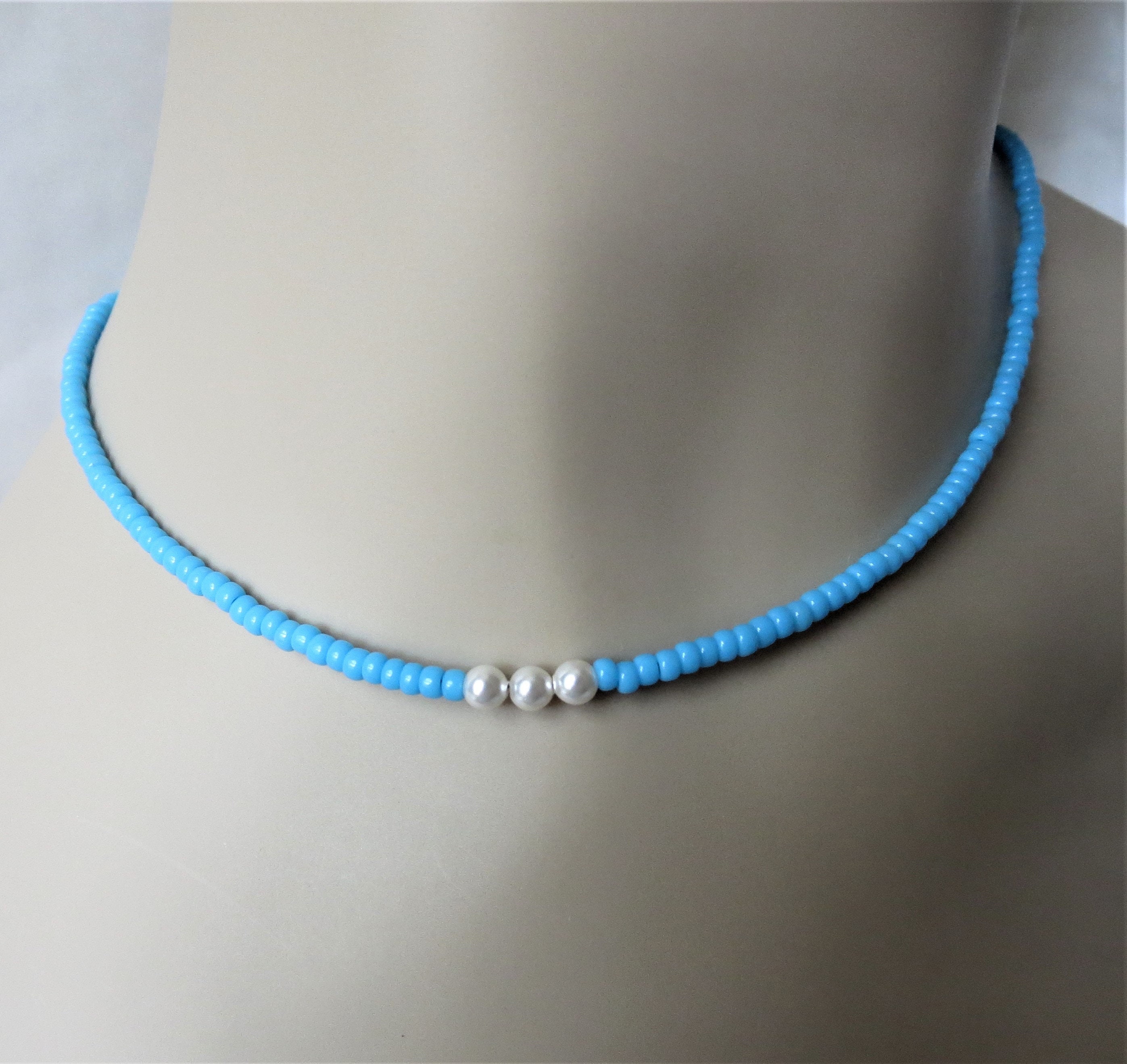 Light Blue Turquoise and Pearl Choker Necklace 3mm Beads - Etsy