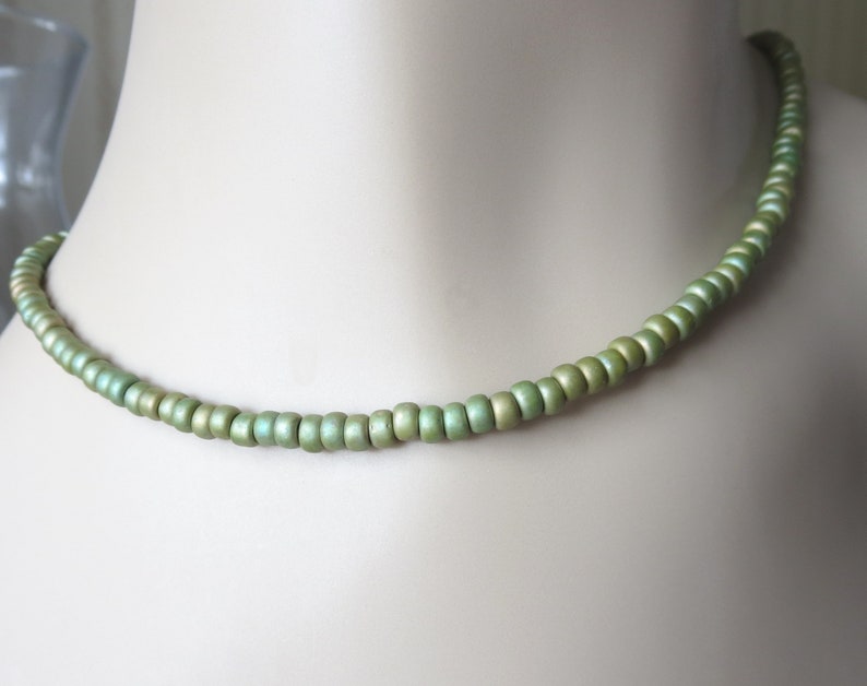 Matte Light Olive Green Gold Luster 4mm Beaded Necklace with Gold