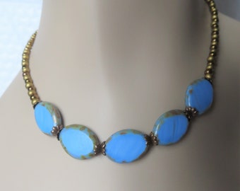 Cornflower Blue and Brass Beaded Necklace