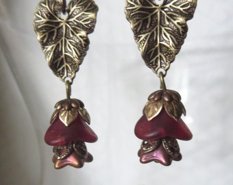 Dark Red Antique Gold Flower and Leaf Earrings