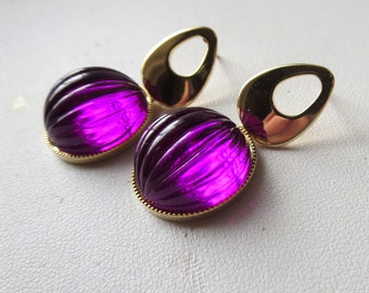 Yummy Vintage Purple Fluted Cabs Set in Gold Earrings Unique
