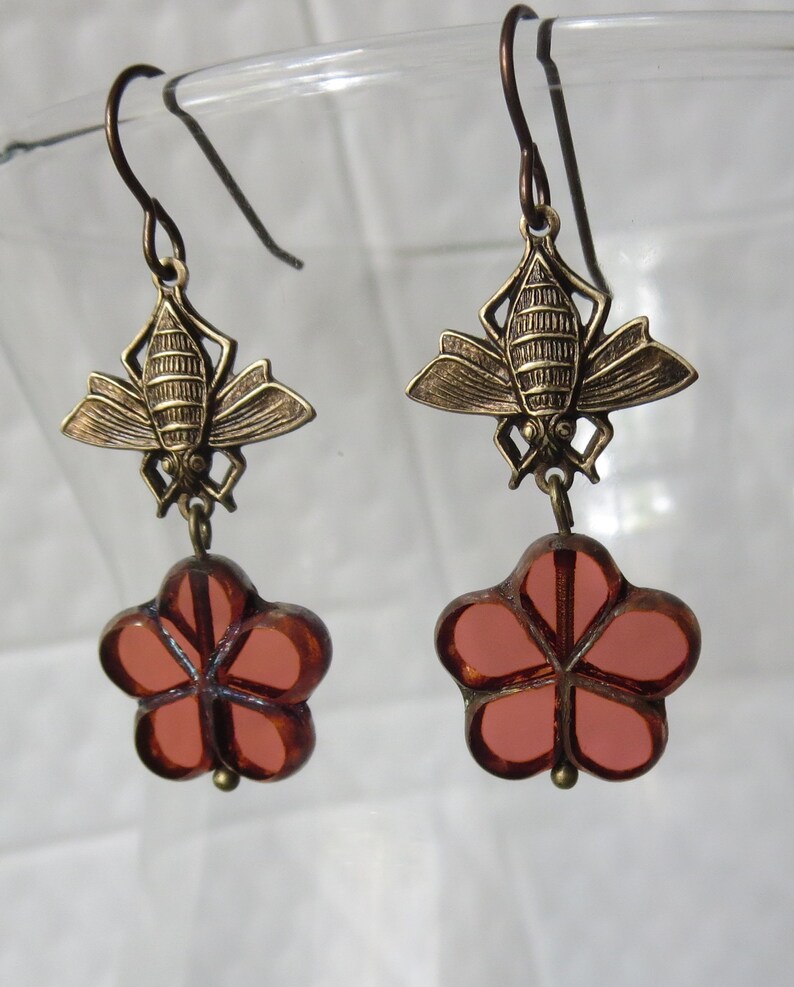 Bumble Bee Flower Earrings Red Brass Bronze Etsy