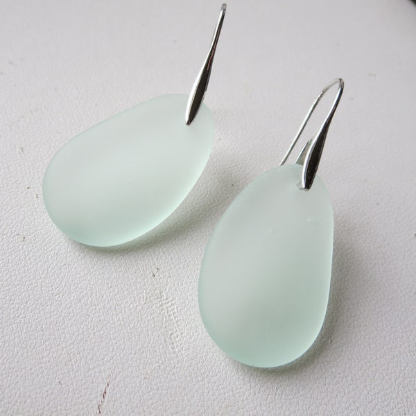 Pale Aqua Cultured Sea Glass Earrings with Silver Ice Pick Earwires