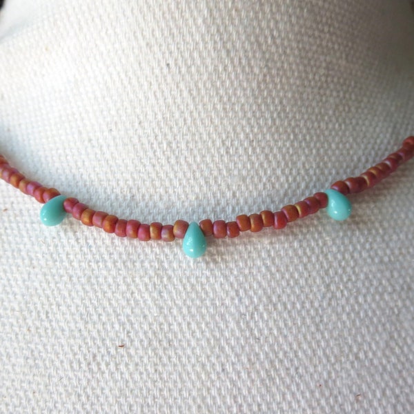 Muted Frosted Burnt Orange 3mm Seed Bead Necklace Choker with Turquoise Drops