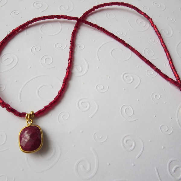 Sparkly Ruby Cut Glass Vintage Seed Beads with Genuine Natural Ruby Pendant Choose Length