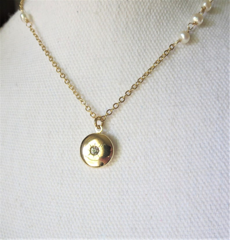 Gold Pearl and Small Locket With Crystal Necklace - Etsy
