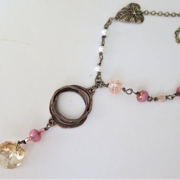 Vintage Style Romantic Pearl Crystal Glass Brass and Copper Necklace