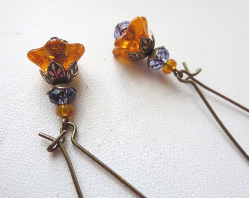 Orange Bell Flower Earrings Long or Short Earwires