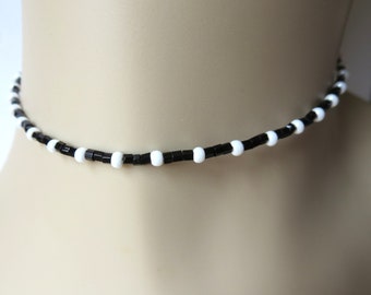 Single Strand Black and White Beaded Necklace Long or Short