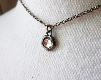 Tiny Bezel Set Clear Pendant Necklace Choker in Antique Silver Choose Length
