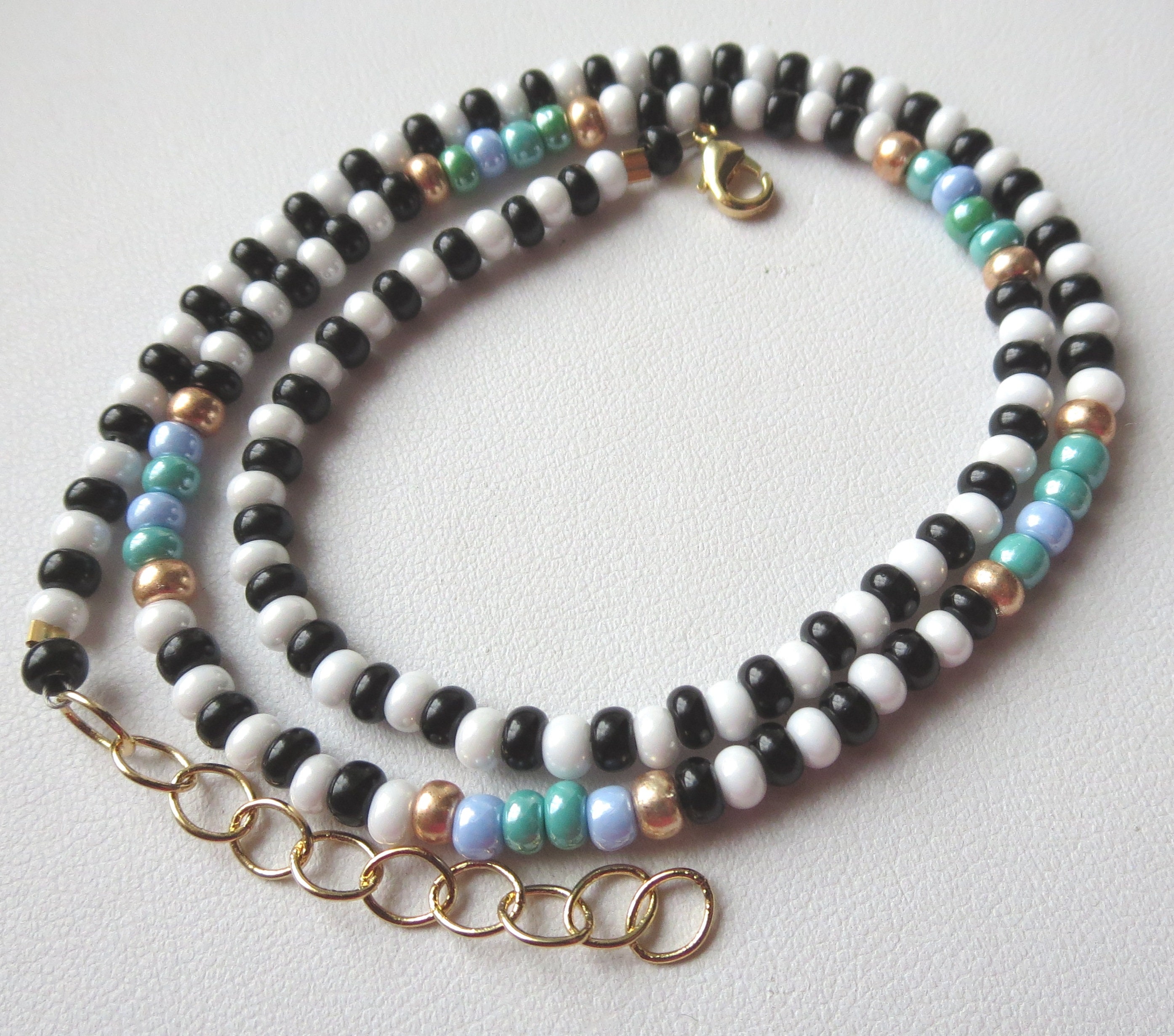 Black and White Luster 4MM Seed Bead Necklace With Gold Blue - Etsy