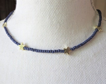 Starry Night Midnight Blue 3mm Seed Bead Choker Necklace with Gold Hematite Stars Choose Length