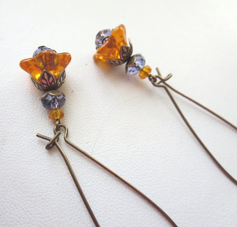 Orange Bell Flower Earrings Long or Short Earwires