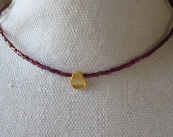 Sparkly Iridescent Garnet Cut Glass Vintage Seed Beads with Small Foldover Matte Gold Pendant Choose Length