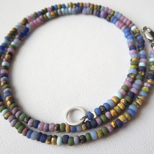 Really Nice Aged Picasso Seed Bead  Necklace Blue Green Lavender Natural