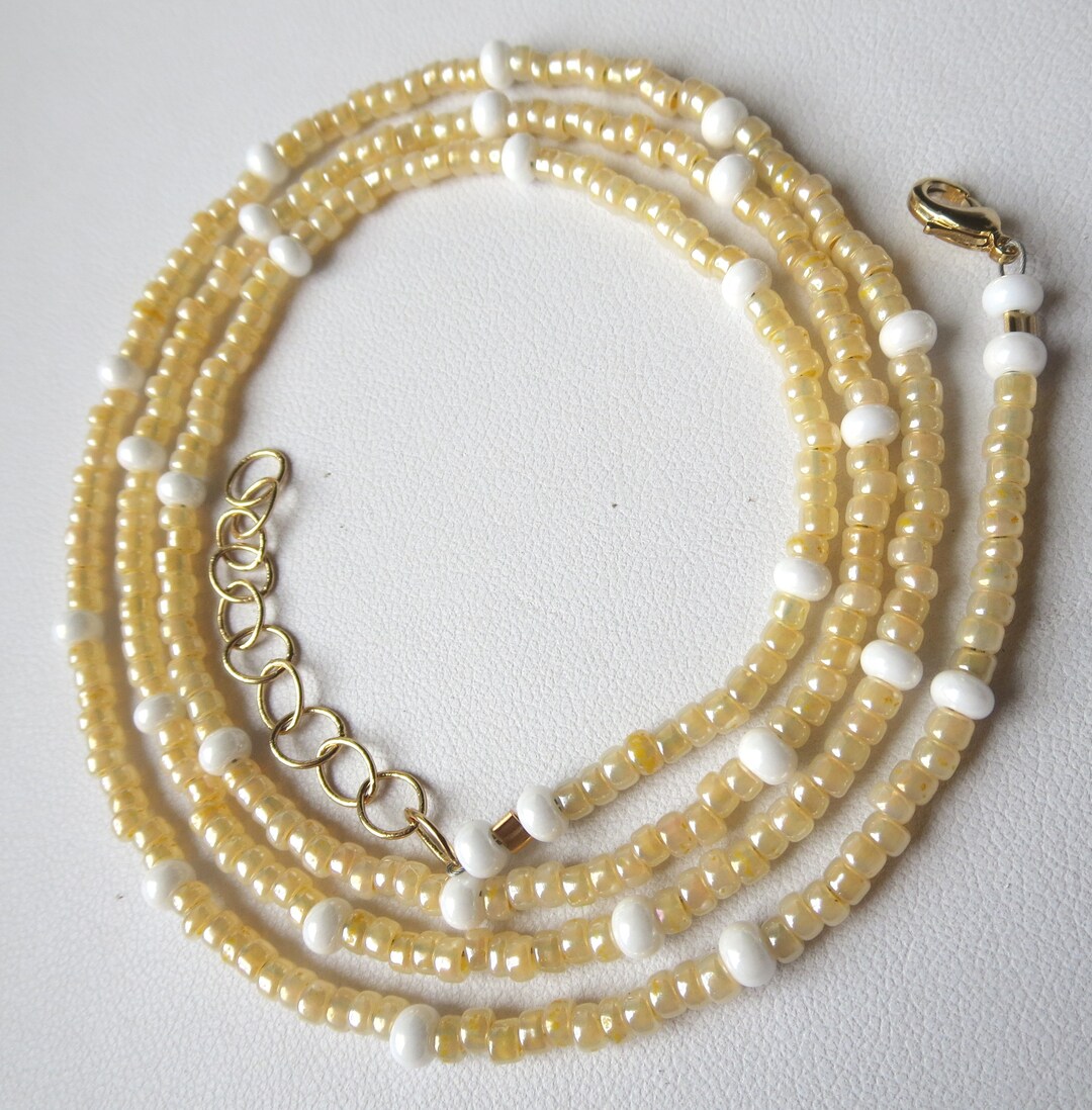 Soft Yellow Seed Bead Necklace With Pearly White Stations Choose Length