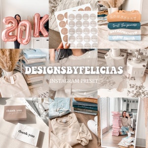 Puede incluir: Un collage de imágenes que muestran el trabajo de una pequeña empresaria. Las imágenes incluyen pilas de ropa con varios diseños, un conjunto de pegatinas redondas con el texto "Gracias", una mujer sosteniendo un globo que dice "20k", y una mujer sentada frente a un espejo con una pila de cajas rosas detrás de ella. El texto "DESIGNSBYFELICIAS INSTAGRAM PRESET" se muestra en el centro del collage.