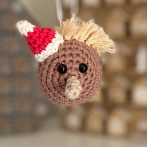 May include: A brown crocheted ornament with a white and red Santa hat, black eyes, and a white nose.